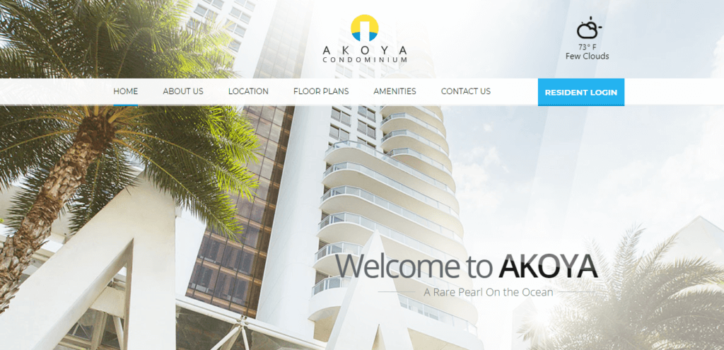 5 of the Best Condo Websites to Inspire Your Own 4 a screenshot of akoya's website which shows an image of the condo which is a white multi storey building with text saying welcome to akoya