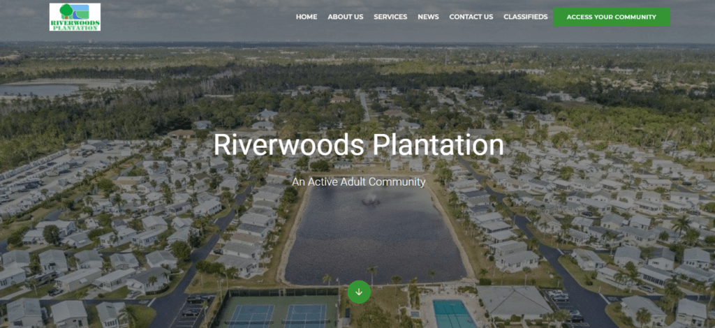 5 of the Best Condo Websites to Inspire Your Own 1 screenshot of our first best condo website - riverwoods plantation homepage which has an aerial photo of the community