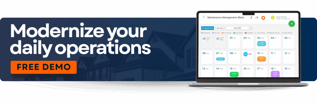 The 3 Rs of HOA Maintenance: Responsibilities, Risks & Recommendations 4 A banner with the writing ''Modernize your daily operations'' and ''Free Demo'', with an image of a computer on the right side.