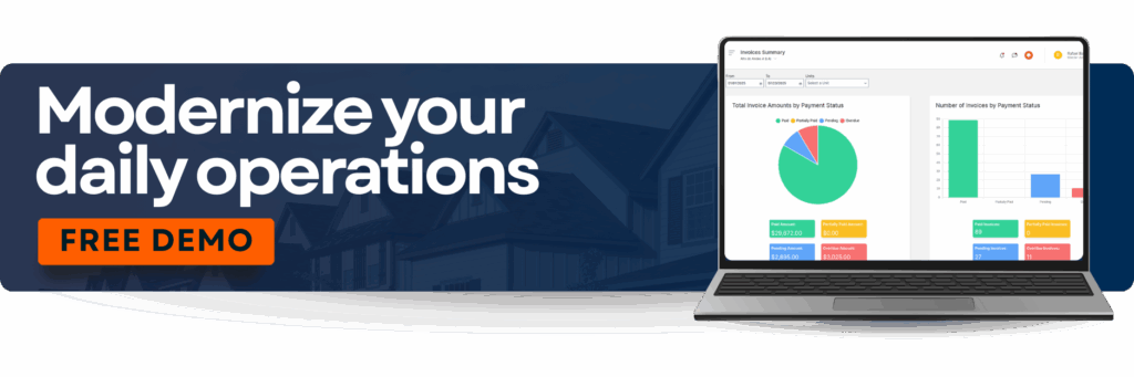 A banner with the writing ''Modernize your operations; Free demo'' and an image of a computer screen with a colorful graph. 