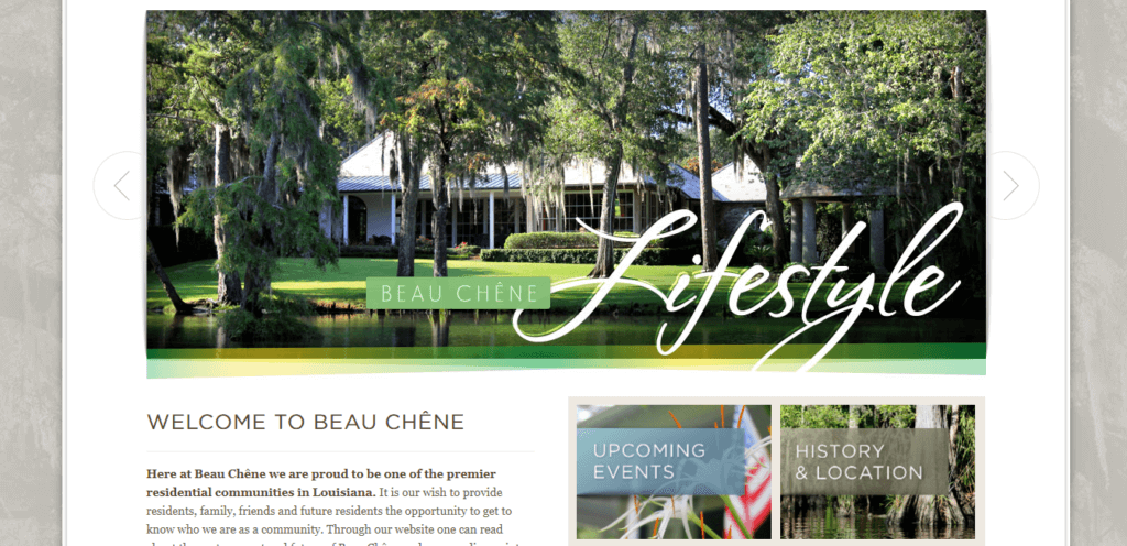 The 5 Best HOA Websites + How to Create Yours 7 Screenshot of Beau Chene's homepage of their HOA website which says Beau Chene lifestyle, welcome to beau chene