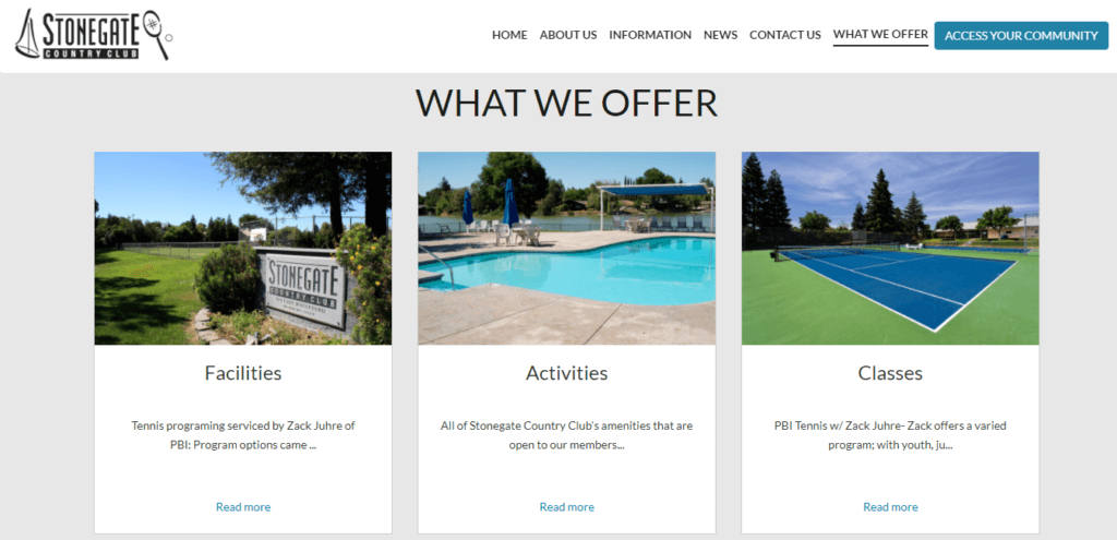 The 5 Best HOA Websites + How to Create Yours 6 screenshot of stonegate country club's website with the section what we offer that includes facilities, amenities and classes